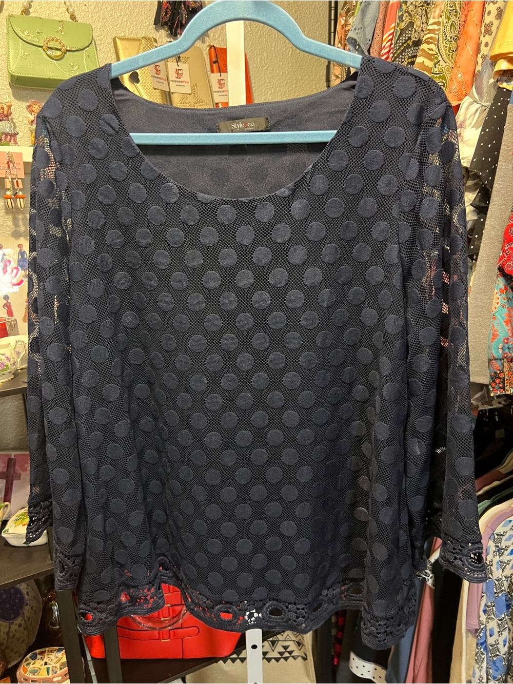 Style & Co. Navy Polka Dot Mesh Long Sleeve Top with Scalloped Hem